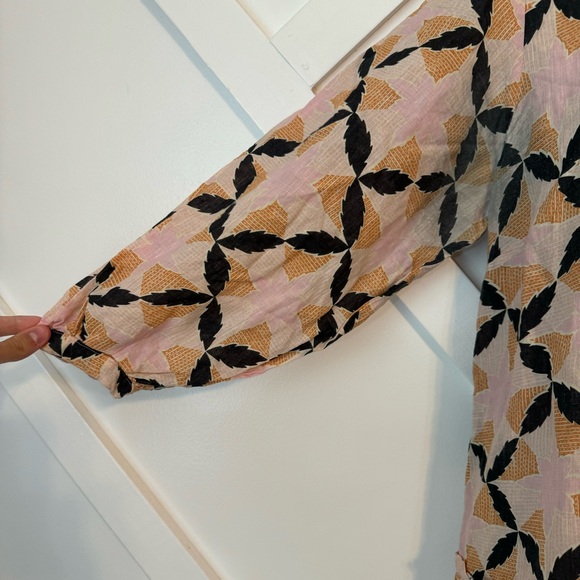 The Odells Lyla Geometric Floral Print Puff Sleeve Square Neck Linen Midi Dress - Picture 5 of 11